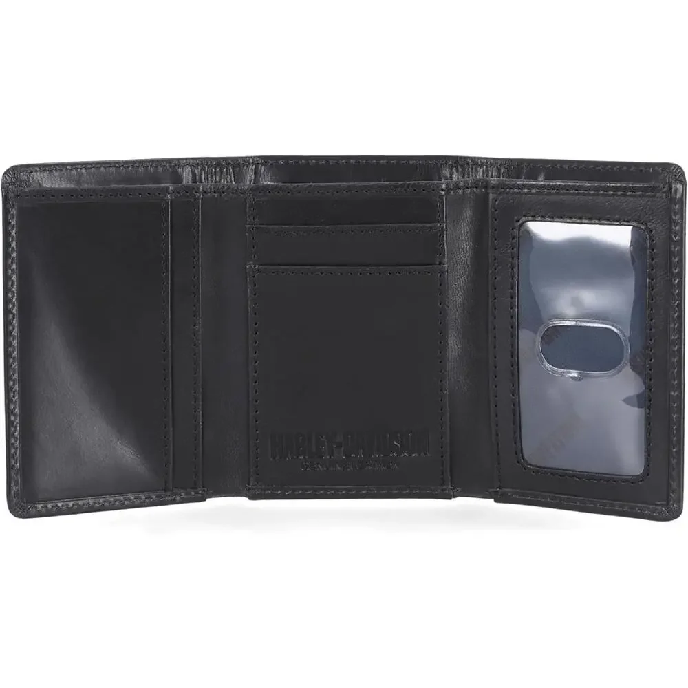 New Harley Davidson Men's Leather RFID Blocking Trifold Leather Wallet in Black